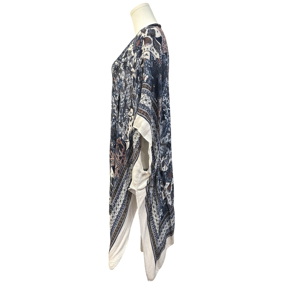 Blue Floral Paisley Boho Kimono Cardigan L-XL Open Front Wrap Gypsy Western - Picture 4 of 8